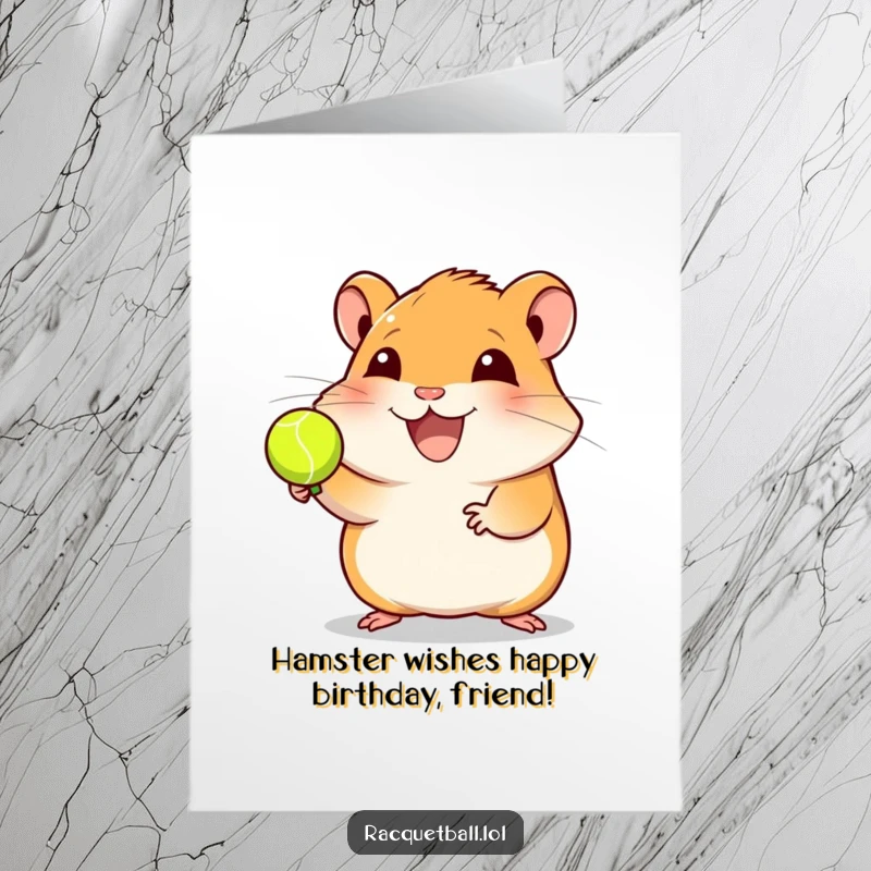 Funny Free Printable Hamster Racquetball Birthday Card, a joyful hamster balancing a ball on its finger, celebrating birthday fun.