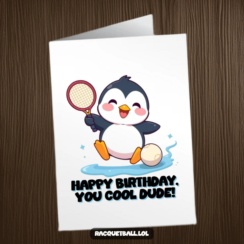 Funny Free Printable Birthday Card: A cheerful penguin gleefully slides headfirst into a ball, racquet nearby, radiating pure birthday joy.