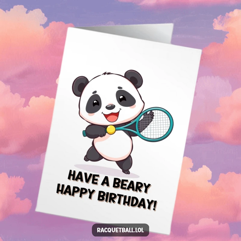 Funny Free Printable Birthday Card: A joyful panda comically swings a giant racquet at a tiny ball, wishing happy birthday.