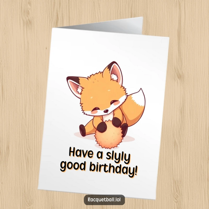 Funny Free Printable Birthday Card: Playful fox cub performing a dramatic slide to return a fuzzy ball, celebrating with flair.