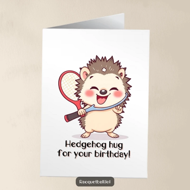 Funny Free Printable Birthday Card: A small hedgehog giggling heartily, holding a huge racquetball paddle.