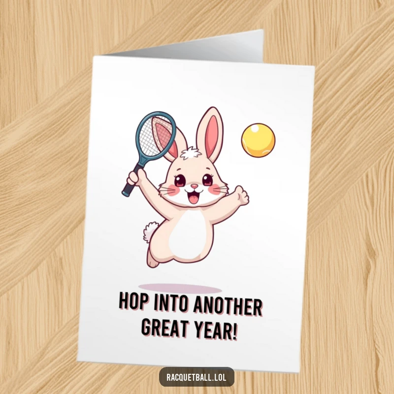 Funny Free Printable Birthday Card: A fluffy rabbit leaping excitedly with a tennis racquet raised high, ready to celebrate.