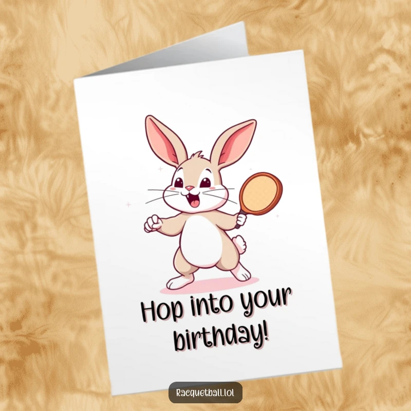 Funny Free Printable Birthday Card: An energetic bunny excitedly swings a tiny racquetball paddle, wishing you a happy birthday.