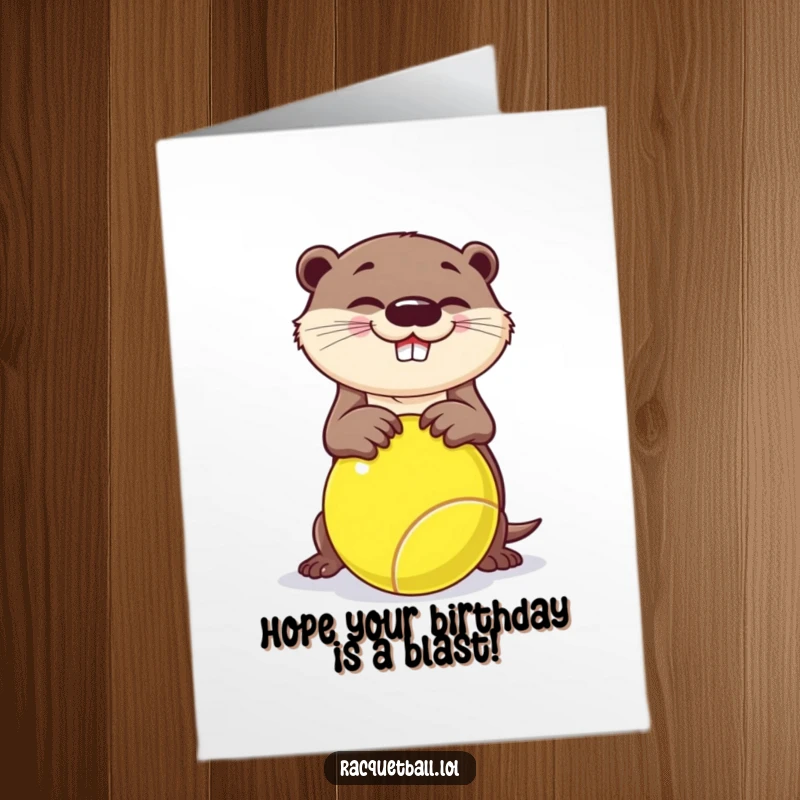 Funny free printable birthday card: a playful otter trips hilariously over a giant racquetball, smiling.