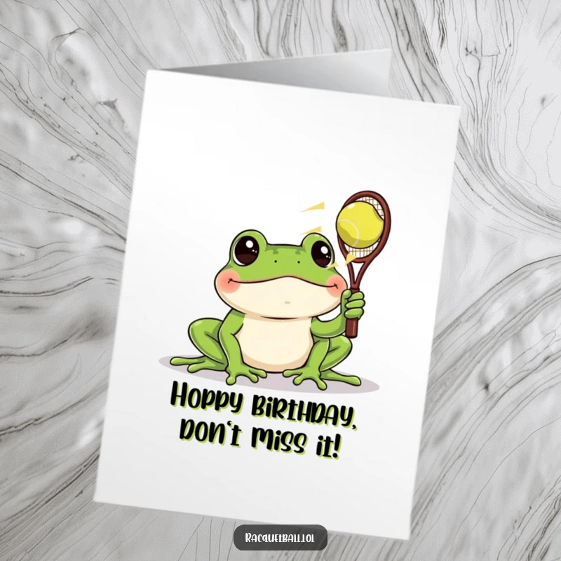 Funny Free Printable Birthday Card: A cheery frog intently watches a racquetball zoom rapidly past its face.