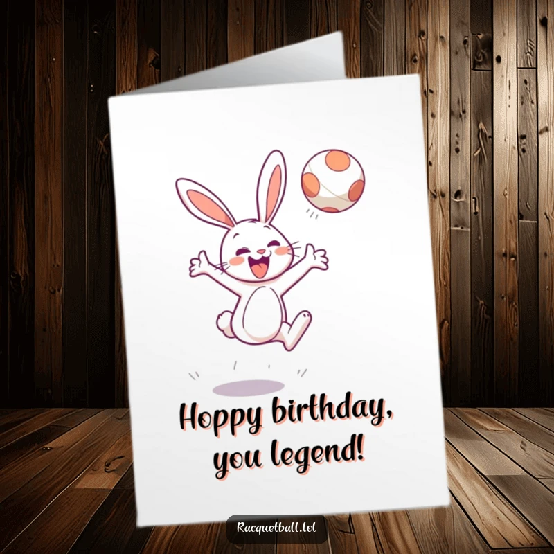 Funny Free Printable Birthday Card: Cheerful bunny character leaping high to energetically hit a floating ball, celebrating joyfully.