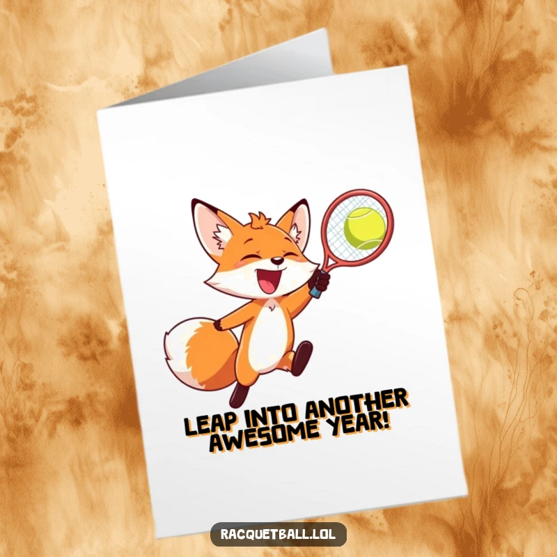 Funny free printable birthday card: a joyful fox leaps high to smash a racquetball mid-air.