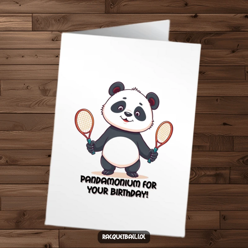Funny Free Printable Birthday Card featuring a curious panda hilariously attempting to juggle two tennis racquets with a confused expression.