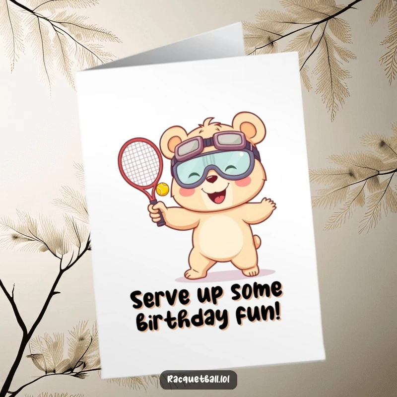 Funny Free Printable Birthday Card: Giggling bear in huge goggles, enthusiastically serving a racquetball with a grand flourish.