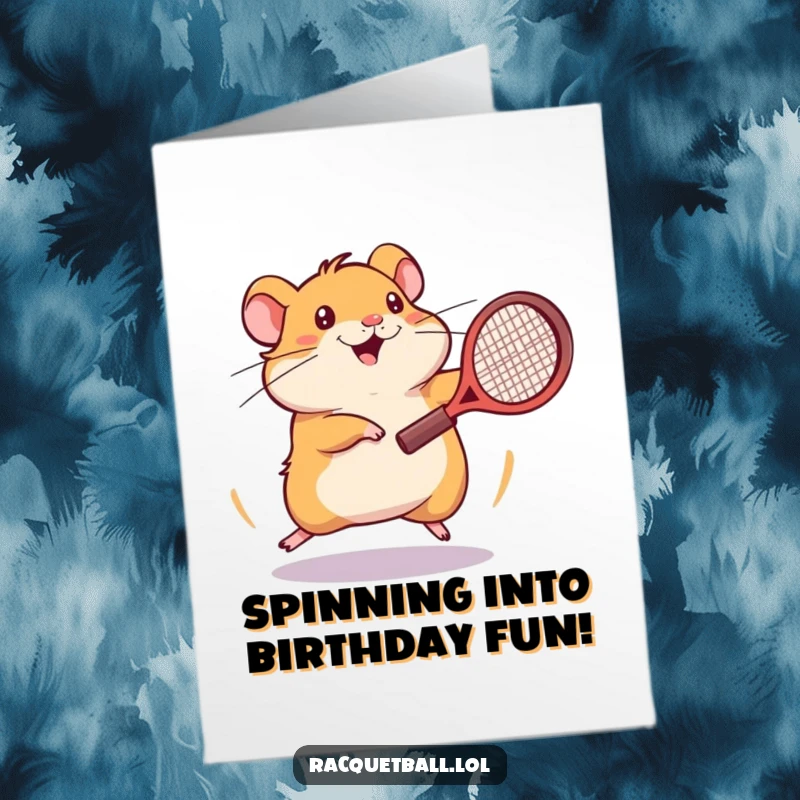 Funny Free Printable Birthday Card: An energetic hamster spinning frantically, racquet in paw, celebrating a birthday.