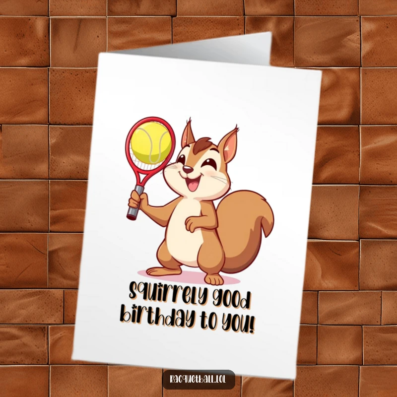 Funny Free Printable Birthday Card: A delighted squirrel strikes a confident victory pose after catching a racquetball.