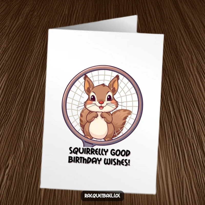 Funny Free Printable Birthday Card: A playful squirrel peeking curiously through a large tennis racquet frame, mischievous and fun.