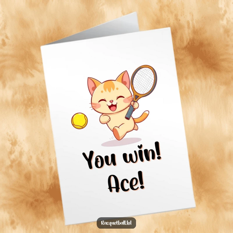 Funny Free Printable Congratulations Card: Happy cat chasing a ball with a racquet, celebrating a winning shot.