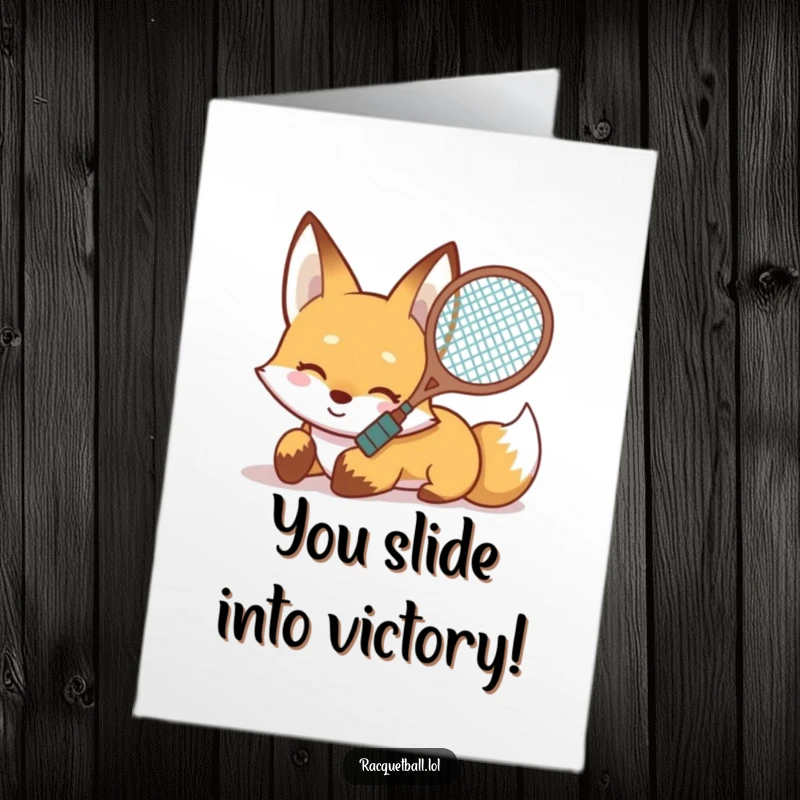 Funny Free Printable Congratulations Card: Smiling fox sliding on its belly with a racquet, a smooth path to victory.