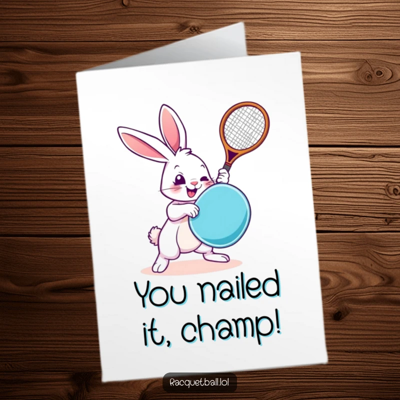 Funny Free Printable Congrats Card: Ecstatic rabbit victorously swinging a racquetboard, celebrating a big win with pure joy.
