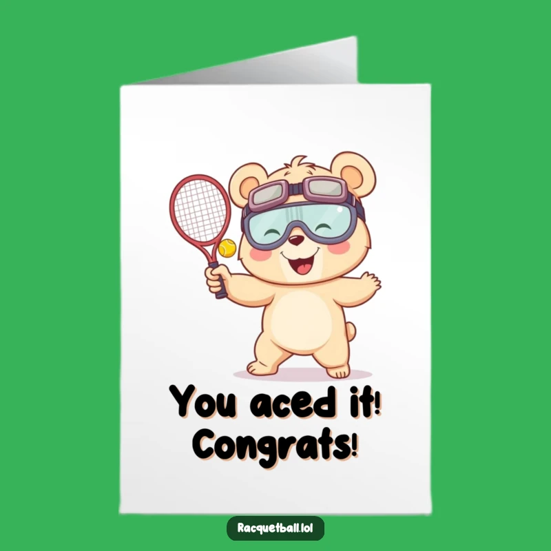 Free Printable Congrats Card: Giggling Bear Serving Racquetball Victory, Humorous Downloadable Gift