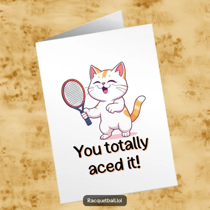Funny Free Printable Congratulations Card: Ecstatic cat gleefully shaking a racquetboard, celebrating a momentous achievement.