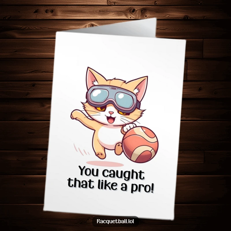 Funny Free Printable Congratulations Card: A cat with huge goggles enthusiastically chasing a speedy ball, embodying focus and fun.
