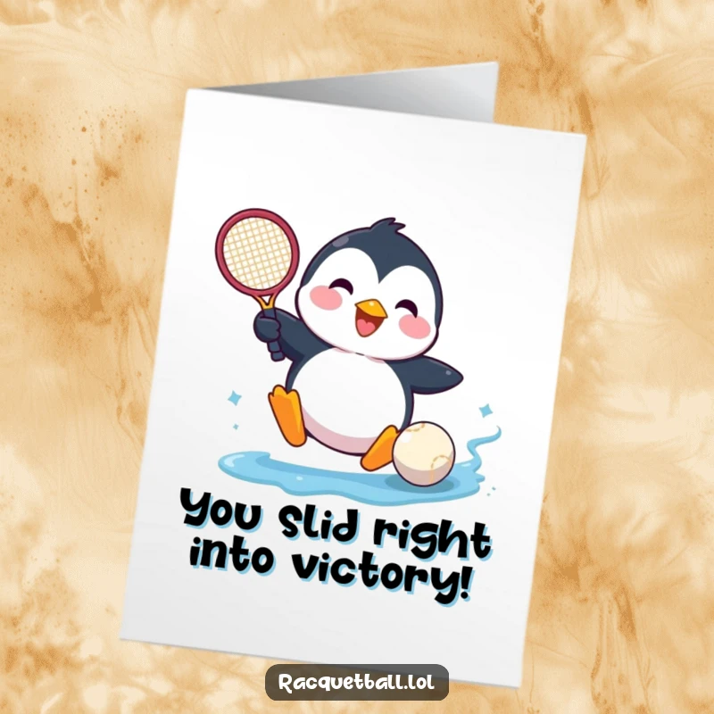 Funny Free Printable Congratulations Card: A happy penguin comically slides into a ball, racquet ready, celebrating a big win.