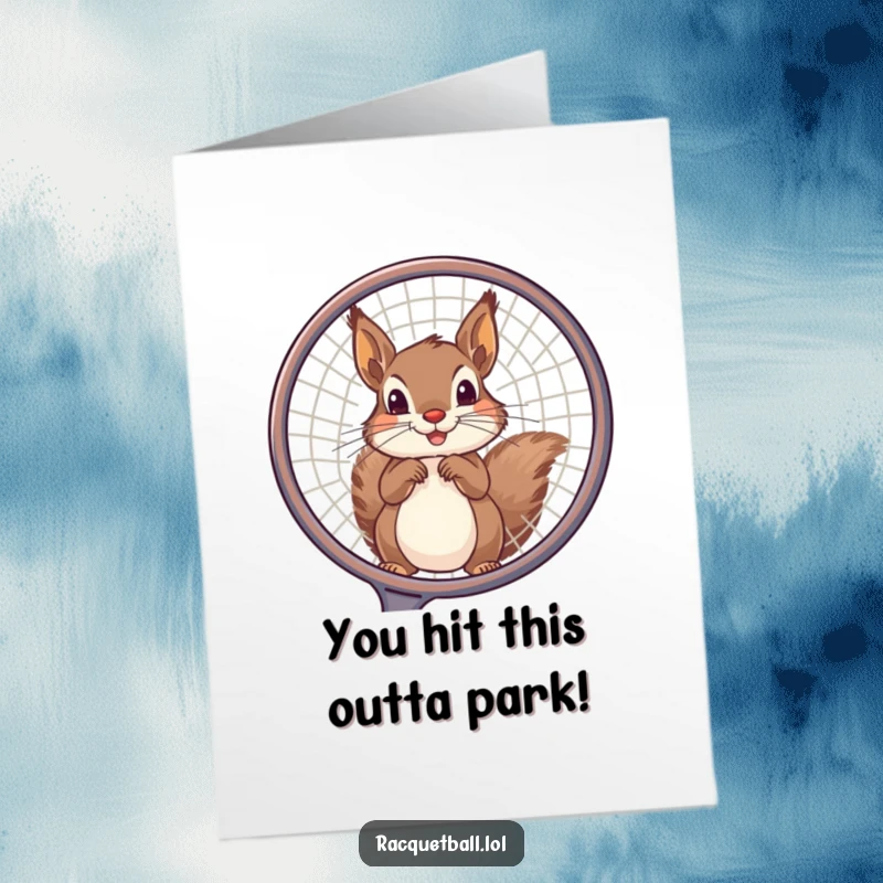 Funny Free Printable Congratulations Card: A mischievous squirrel peeking through a large racquet, celebrating a win hilariously.