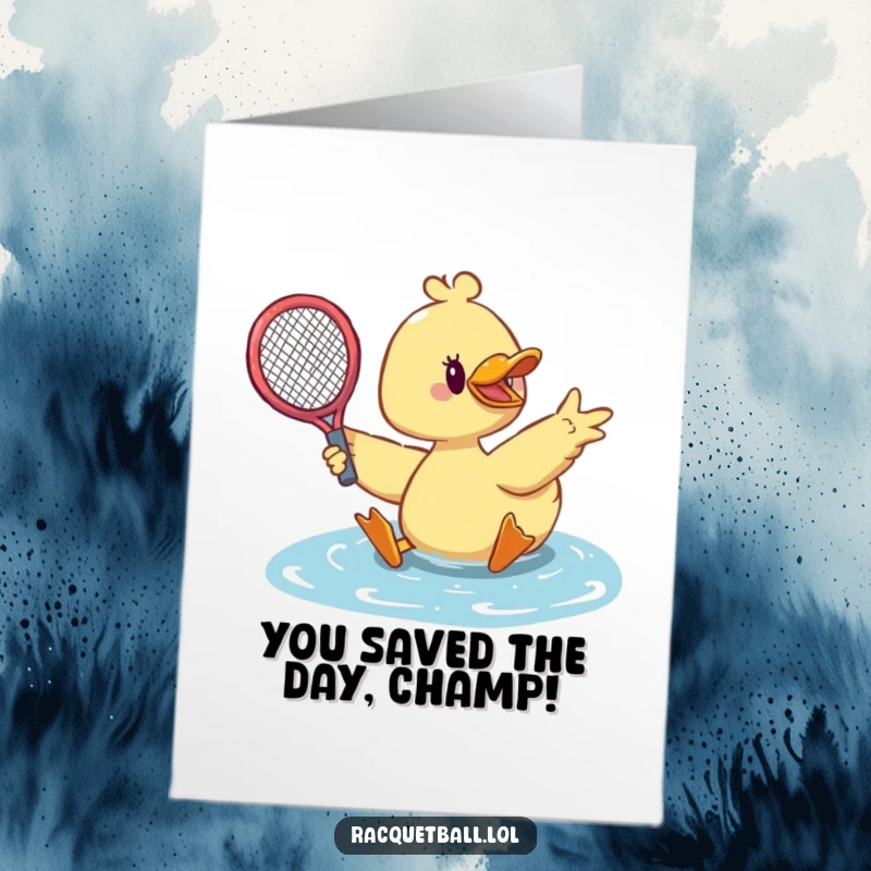Funny Free Printable Congratulations Card: A cute duck sliding dramatically, racquet outstretched to make a legendary save.