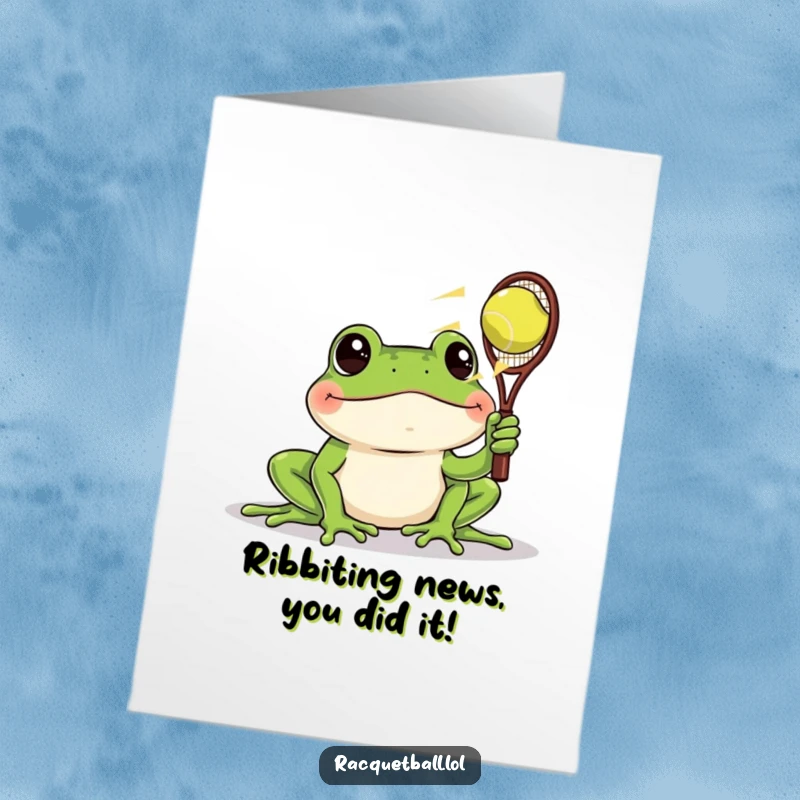 Free Printable Congratulations Card: A cheery frog has wide eyes, intently watching a racquetball whiz by.