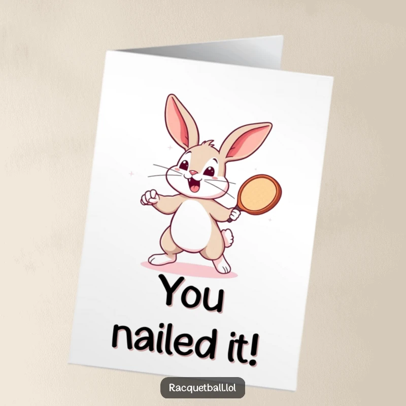Funny Free Printable Congratulations Card: A bouncing bunny enthusiastically swings a tiny racquetball paddle to celebrate your victory.