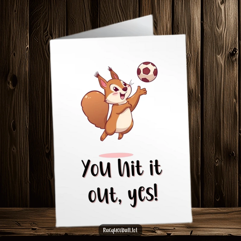 Funny Free Printable Congrats Card: Determined squirrel leaps high, hitting a ball with a playful smile, celebrating success.
