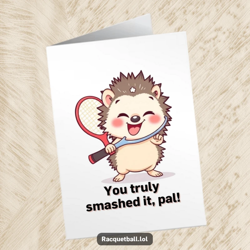 Funny Free Printable Congratulations Card: A small hedgehog giggling with a ridiculously large racquetball paddle.