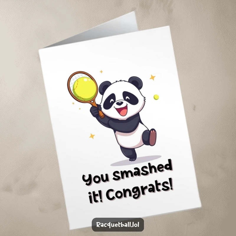 Funny Free Printable Congratulations Card: Panda gleefully smashing a racquetball, celebrating a momentous victory with explosive energy.