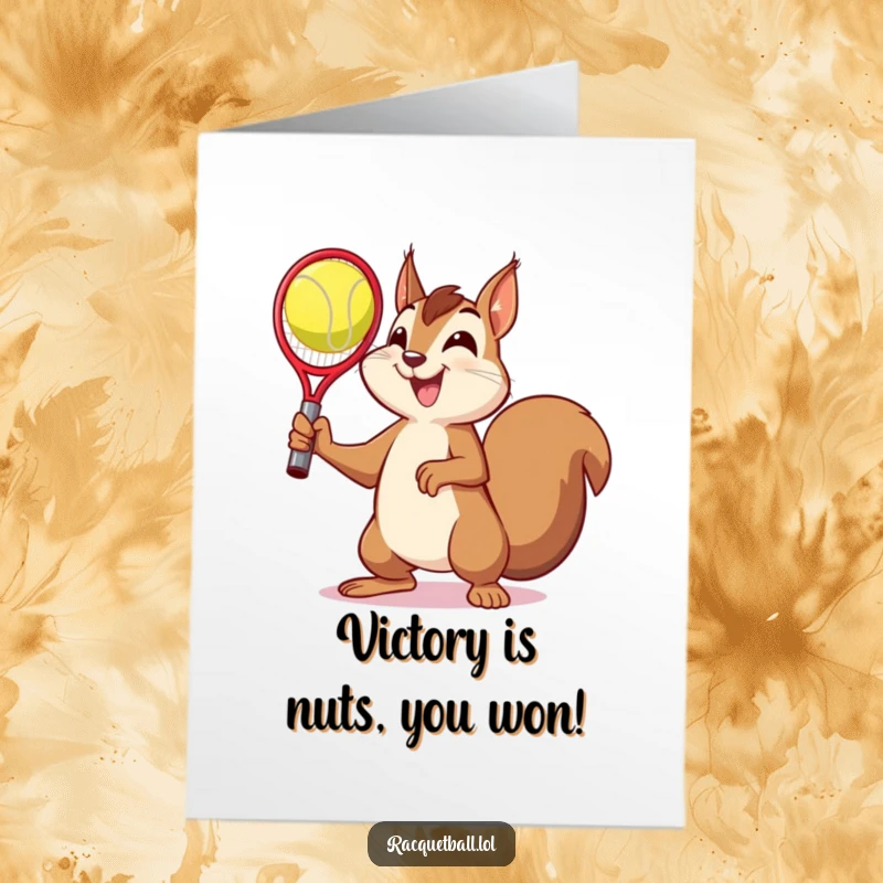 Free Printable Congratulations Card: A delighted squirrel performs a fun victory pose, proudly holding a captured racquetball.