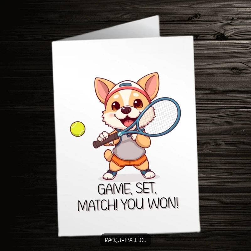 Funny Free Printable Congratulations Card: Determined dog in athletic gear smashing a tennis ball with a racquet, celebrating a victory.