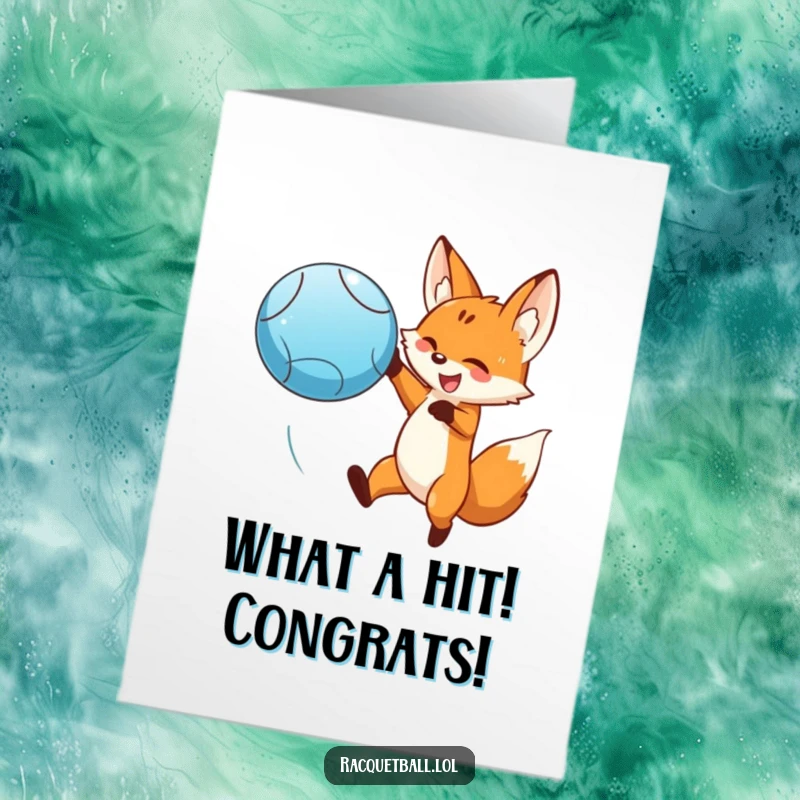 Funny Free Printable Congratulations Card: A smiling fox leaps dramatically to strike a bright blue ball, celebrating your win.