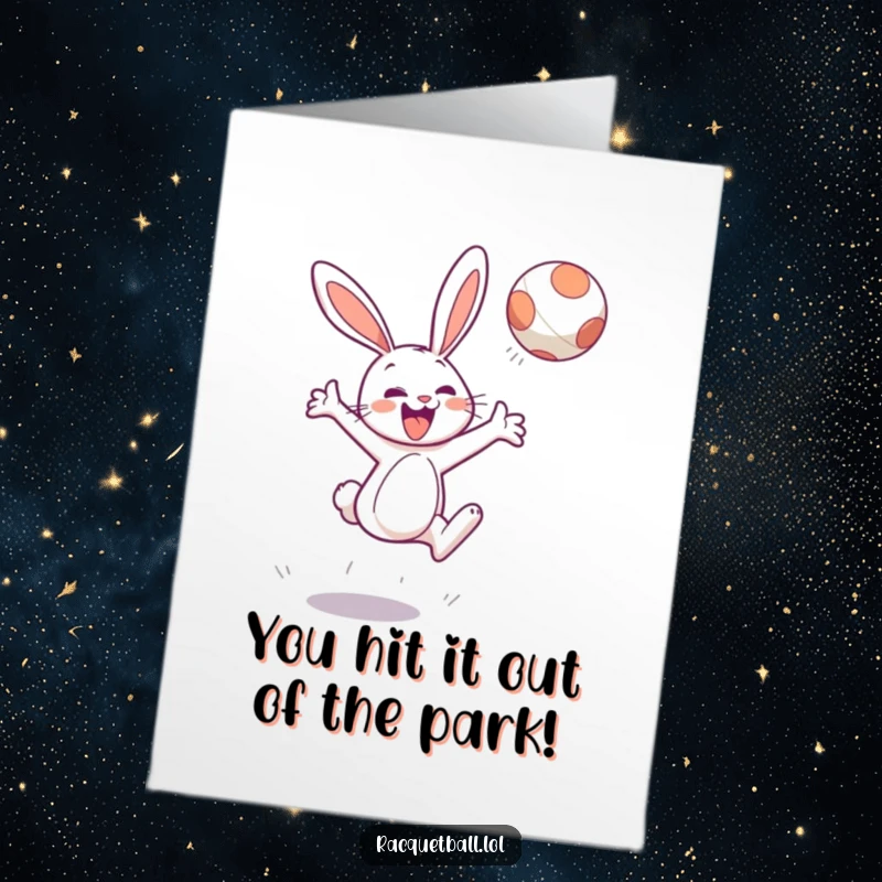 Funny Free Printable Congratulations Card: Joyful bunny character performing an impressive leap to strike a floating ball, celebrating success.