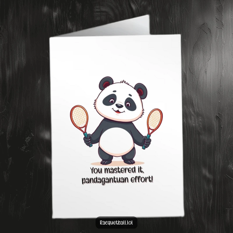 Funny Free Printable Congratulations Card showing a curious panda struggling to juggle two tennis racquets, a perfect humorous celebration.