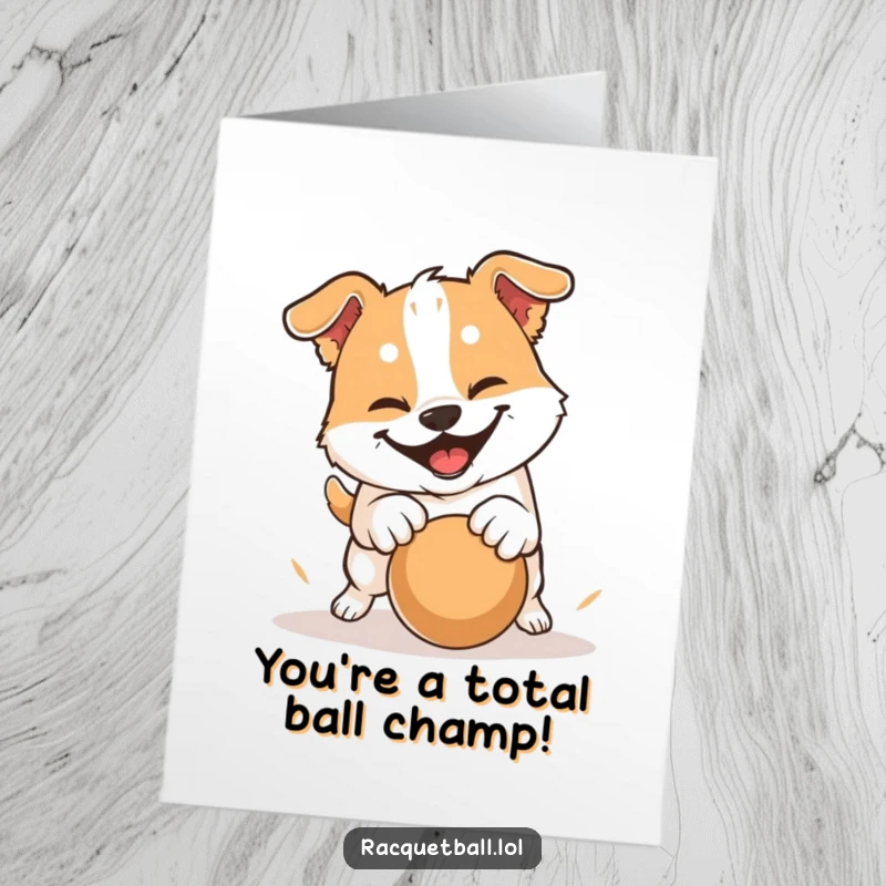 Funny Free Printable Congratulations Card: A dog with a huge grin playfully pouncing to hit a ball, symbolizing a victorious moment.