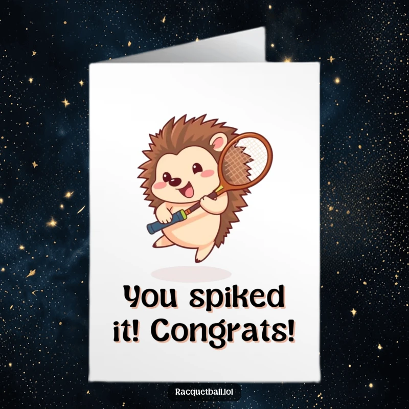 Funny Free Printable Congratulations Card: A happy hedgehog tennis player spinning with racquet, celebrating a win with speed.