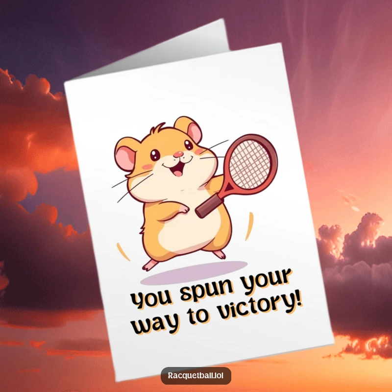 Funny Free Printable Congratulations Card: An energetic hamster spinning in a frantic pose, racquet ready, celebrating a win.