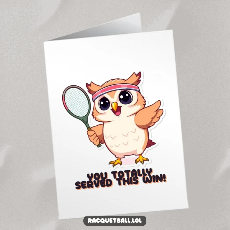 Funny Free Printable Congrats Card: An excited owl in a headband vigorously swings a tennis racquet, ready to win.