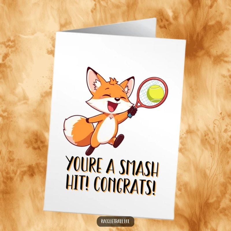 Exciting free printable congratulations card: a fox joyfully smashes a racquetball mid-air with sheer delight.