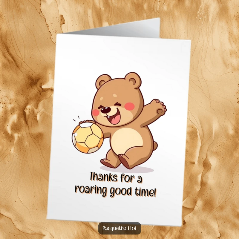 Funny Free Printable Thank You Card: A bear hilariously lunging to smash a ball, conveying immense gratitude with power.