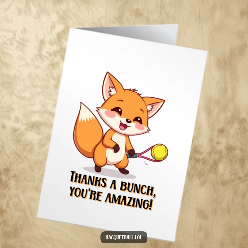 Funny Free Printable Thank You Card: A happy fox wiggling ears while catching a bouncy racquetball, showing thanks.