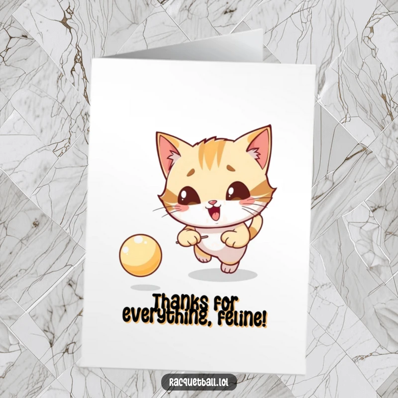 Funny Free Printable Thank You Card: Giggling cat character with extreme focus, chasing a bouncing ball, expressing thanks.
