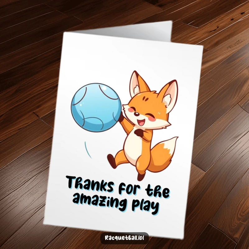 Funny Free Printable Thank You Card: A smiling fox leaps dramatically to hit a bright blue ball, offering a humorous thank you.