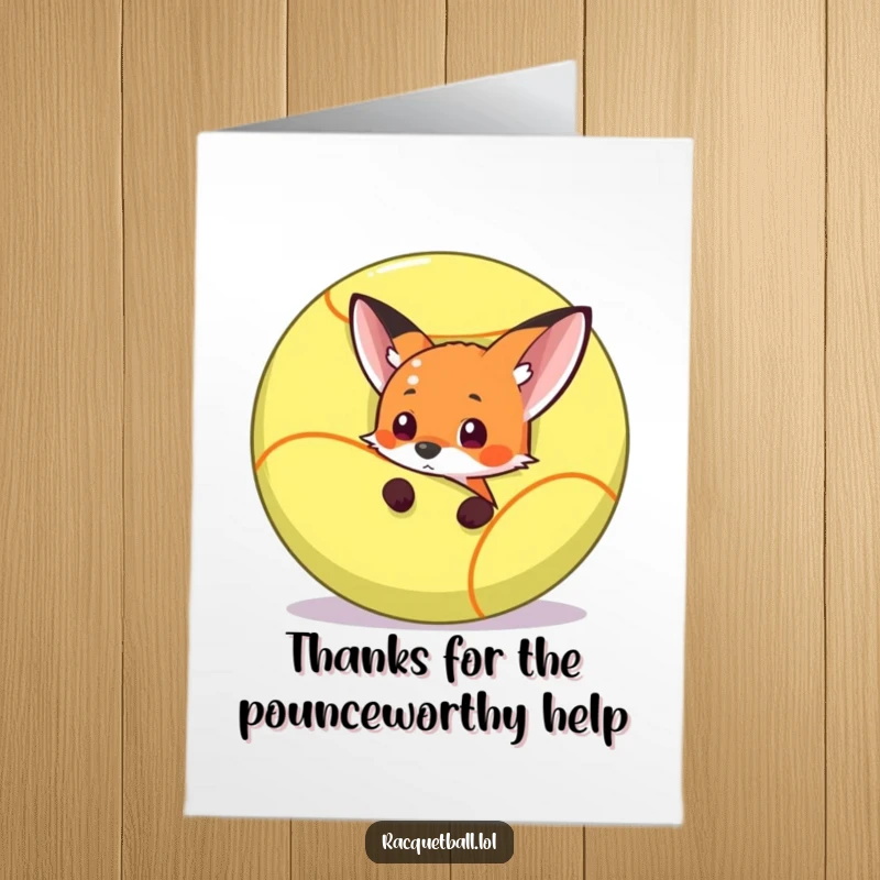 Funny Free Printable Thank You Card featuring a curious fox ready to pounce from behind a giant racquetball, expressing gratitude playfully.