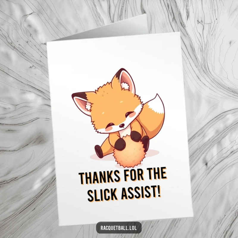 Funny Free Printable Thank You Card: Playful fox cub performing a dramatic slide while returning a fuzzy ball, expressing thanks.
