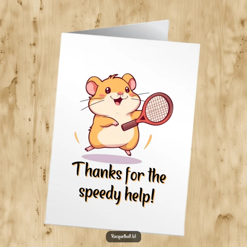 Funny Free Printable Thank You Card: An energetic hamster spinning, racquet in paw, sending thanks with speed.