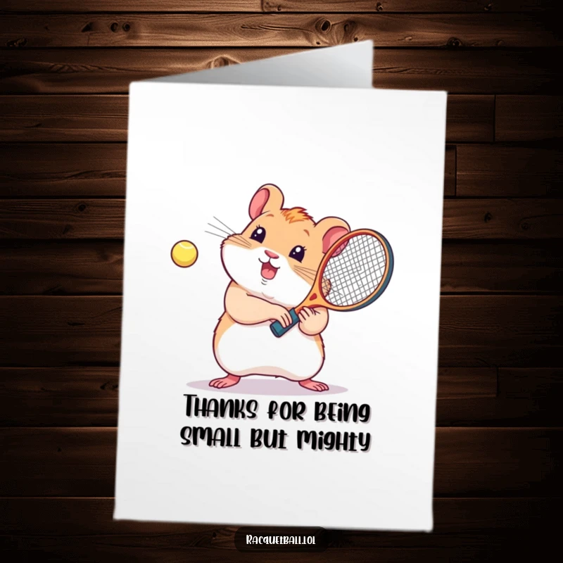 Adorably sweet free printable thank you card showing a kawaii hamster joyfully swinging a tiny racquetball racquet.