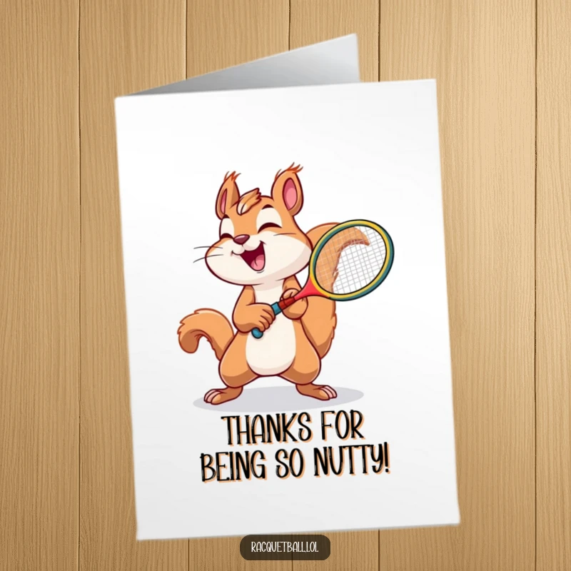 Funny Free Printable Thank You Card: A joyful squirrel swinging a tiny racquet with immense effort, expressing thanks.