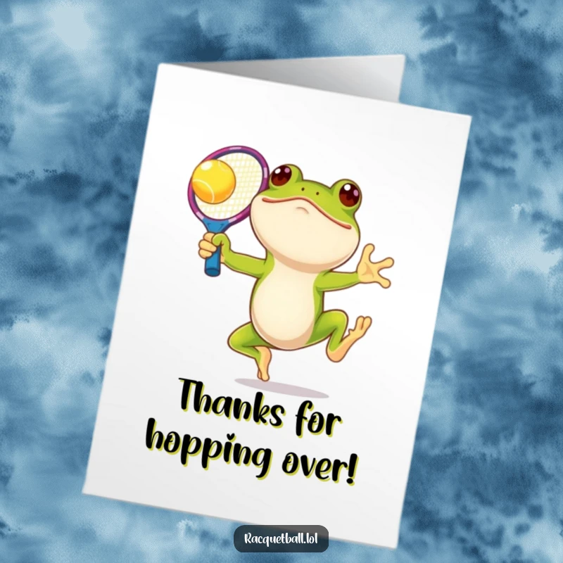 Funny Free Printable Thank You Card: A smiling frog leaps with an oversized racquet, hitting a thank you ball.